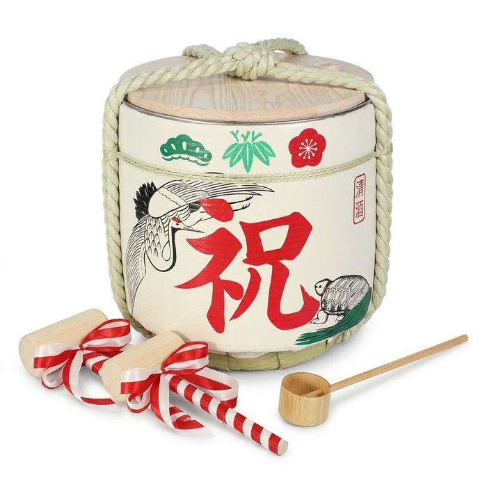 Stainless Sake-Barrel set /  Iwai (tsuru kame)